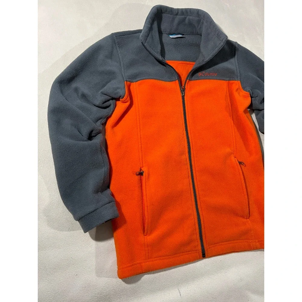Columbia Kids Fleece Jacket Orange Gray Full Zip Youth Size L 14 16